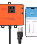 WiFi Sump Pump Monitor And Alarm With Real Time Status Alerts, Remote Notifications, Automatic Power Cutoff device next to smartphone app display.