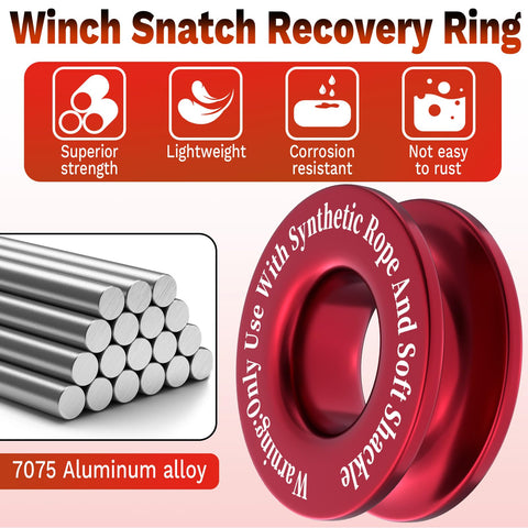 Heavy Duty Winch Snatch Recovery Ring 66,000 Lbs Break Strength Snatch Block Ring For Soft Shackle And Synthetic Rope, red