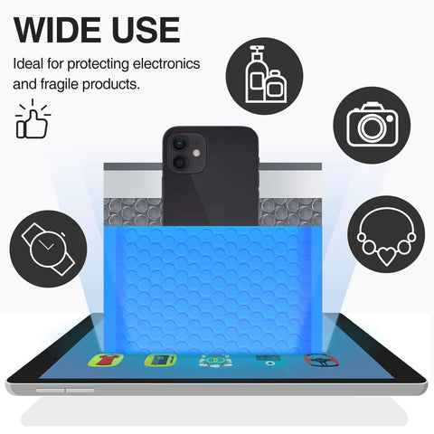 Blue Large Bubble Mailers 12x16 Inch 25 Pack Usable 12x15 Inch Self Seal Padded Envelopes with phone on tablet