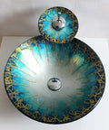USZWBY Blue and Gold Pattern Tempered Glass Vessel Sink for Bathroom Countertop Basin Sink Mounted Bowl view from above showing colors and design.