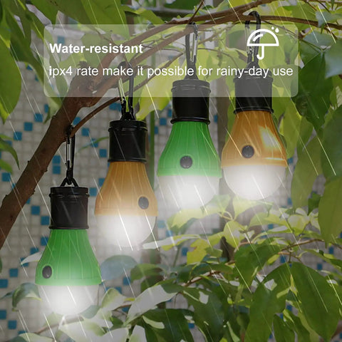 Ultra Bright Multi Color LED Camping Lanterns With Clip Hook Battery Powered Waterproof Tent Light For Hiking Fishing Camping And Power Outages Party Vibe Lit 5 Pack hanging on tree in rain