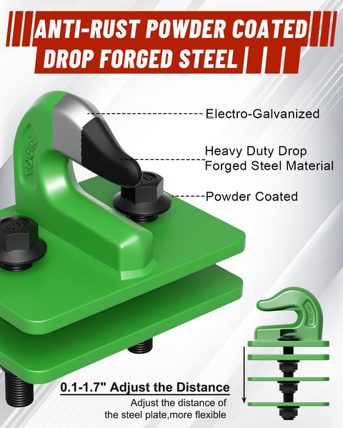 Three Eighths Inch Tractor Bucket Grab Hook Set with backer plate, electro-galvanized forged steel, powder-coated green