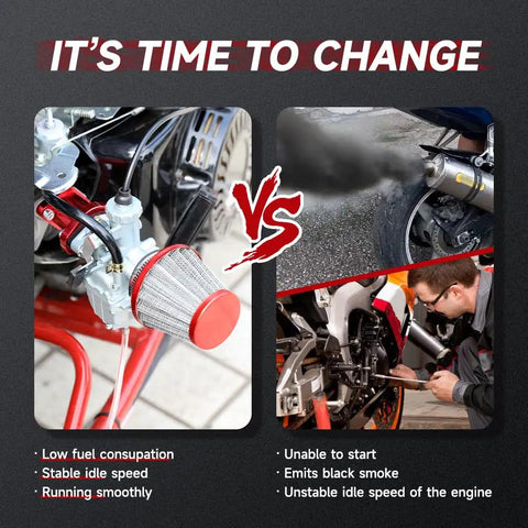Comparison image of VM22 26mm Carburetor Throttle Assembly With Main Jets Kit Bolt On For Predator 212cc 224cc 196cc Non Hemi OHV Engines GX160 GX200 Clone Coleman CT200U Mini Bike Go Kart Baja MB200 Performance Parts showing benefits vs issues.