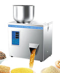 Dead Simple Automatic Grain Dispenser With Slick Digital Control Panel And Quick Weight Adjustments pouring various grains from steel hopper.