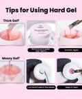 Tips for using Hema Free Hard Gel Kit 9 in 1 for Nail Extensions and Strengthening, repair broken nails using flat brush and gel. UV LED lamp not visible.