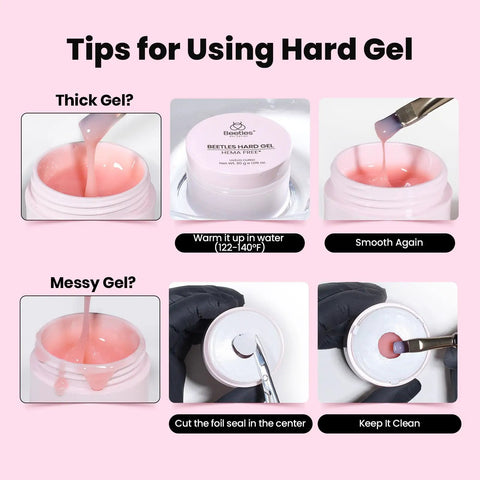 Tips for using Hema Free Hard Gel Kit 9 in 1 for Nail Extensions and Strengthening, repair broken nails using flat brush and gel. UV LED lamp not visible.