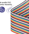 Close-up of multicolored ribbon wires from 120 Pcs Breadboard Jumper Wires Set 20cm Length 2.54mm Dupont Cables Assorted Kit showcasing flexibility.