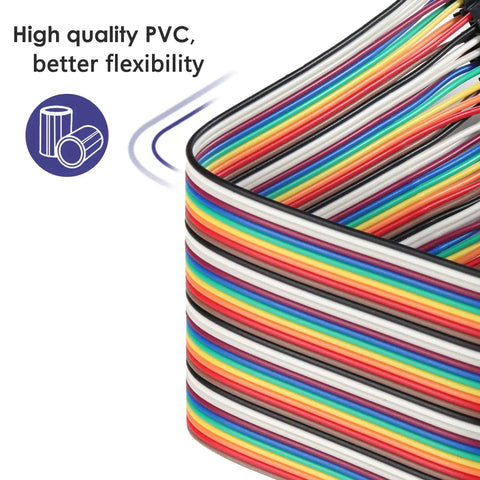 Close-up of multicolored ribbon wires from 120 Pcs Breadboard Jumper Wires Set 20cm Length 2.54mm Dupont Cables Assorted Kit showcasing flexibility.