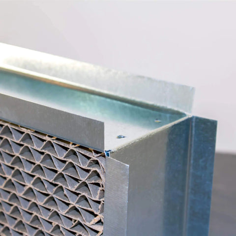 Close-up of Return Air Pathways 14x8 Retrofit Transfer Grille showing durable galvanized frame and interior baffle