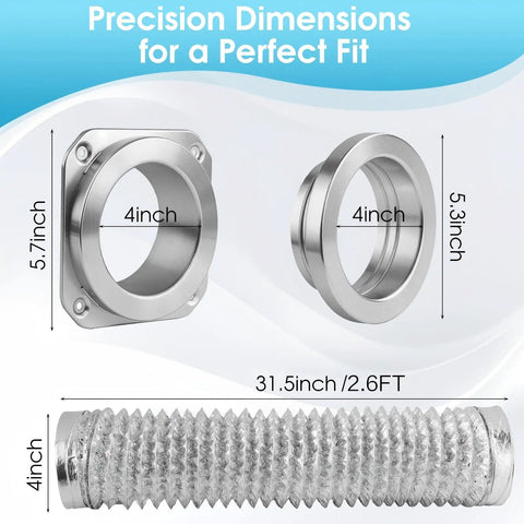 Magnetic Dryer Vent Connector Kit For Tight Spaces With 4 Inch Aluminum Foil Hose and wall mount dimensions detail