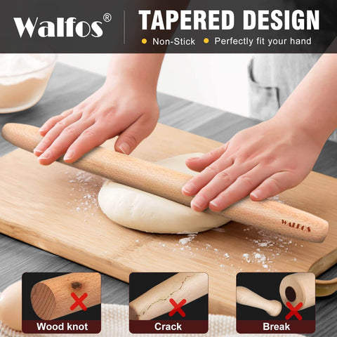 Hands using French Rolling Pin For Baking With Tapered Beech Wood Design, Nonstick Dough Roller For Fondant, Pizza, Pie, Cookies