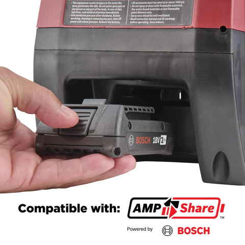 Hand inserting a BOSCH 18V 2Ah battery into the Tough As Nails 18V Cordless Airless Paint Sprayer for efficient operation.