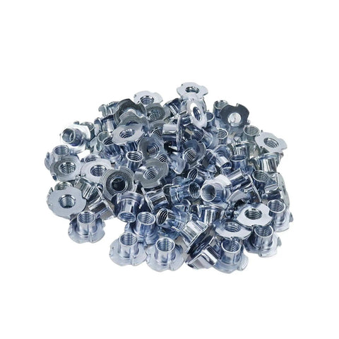 M10 T Nuts 80Pcs Set Four Pronged Tee Nuts Threaded Inserts For Wood Cabinets Climbing Holds Zinc Plated Steel Rust Resistant Durable 24mm Diameter 12mm Height 1.5mm Thick shown in pile