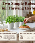 Person tending to herbs in a white pot on a windowsill with text showing herb care tips, featuring thriving herbs.