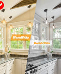 Kitchen with Old School Edison ST64 40W Incandescent Bulbs showing warm amber light vs. daylight white light