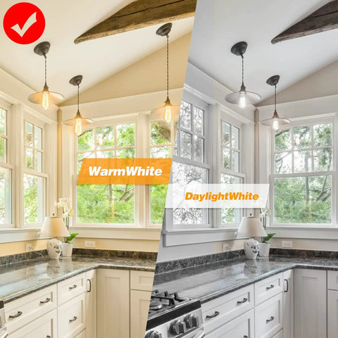 Kitchen with Old School Edison ST64 40W Incandescent Bulbs showing warm amber light vs. daylight white light