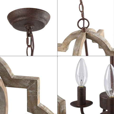 Close-up of Cozy Farmhouse Orb Chandelier Handmade From Solid Wood With Openwork Quatrefoil and Bronze Rustic Arms details