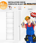 Tough As Nails Heavy Duty Steel Closet 72 Inch Tall Lockable Storage Cabinet showing easy installation steps alongside worker.
