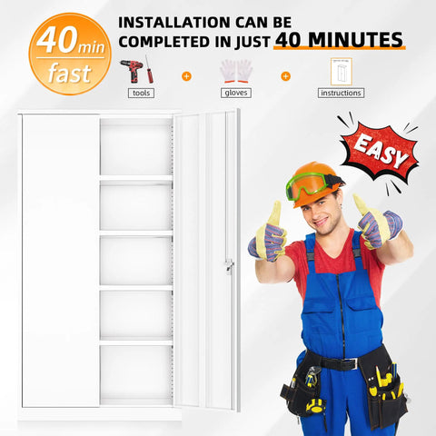 Tough As Nails Heavy Duty Steel Closet 72 Inch Tall Lockable Storage Cabinet showing easy installation steps alongside worker.