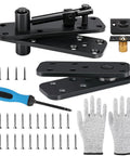 Heavy Duty Hidden Door Hinge Kit For Secret Doors And Bookcases With 570 Lbs Load Capacity In Solid Stainless Steel Silent Operation And 360 Degree Pivot Complete Installation Set By Ptazucv, showing components and tools.