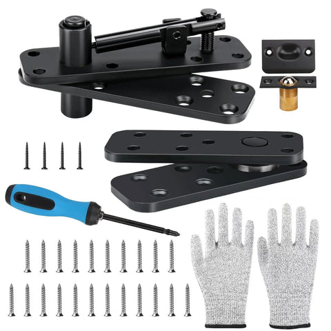 Heavy Duty Hidden Door Hinge Kit For Secret Doors And Bookcases With 570 Lbs Load Capacity In Solid Stainless Steel Silent Operation And 360 Degree Pivot Complete Installation Set By Ptazucv, showing components and tools.