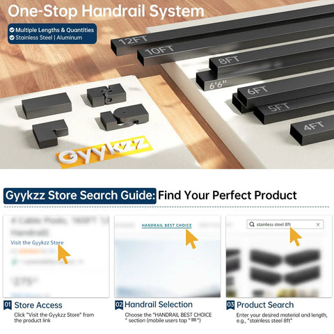 Heavy Duty Matte Black Stainless Steel Cable Railing Handrail Kit With Pom Connectors 12 Foot Guardrail System components and lengths layout.