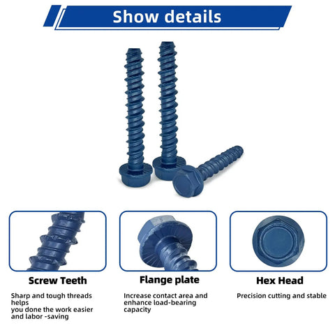Beefy Half Inch By Five Inch Concrete Screw Anchor Kit With Drill Bit And Hex Driver Blue Coated Heavy Duty Fasteners detail view