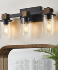 Rustic Farmhouse Vanity Lights With Hand Polished Wood And Black Metal Clear Glass Shade 3 Light Wall Sconce Over Mirror