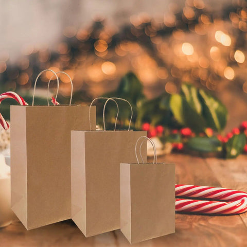 Three 90 Pack Brown Kraft Paper Bags With Handles Bulk Assorted Sizes Small Medium Large for gifts and holidays