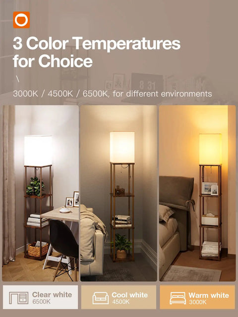 Floor Lamp With Shelves, Dual USB Ports And Built In Outlet, Remote Controlled, 3 Color Temperature LED Bulb, Black