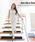 Person walking on stairs with Non Slip Stair Tread Carpet Set Of 15 For Wooden Steps Indoor Outdoor Mats 8x30 Black Easy Install