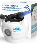 Breathing Trainer With Warm Steam And Adjustable Resistance For Daily Comfort App Guided Sessions Complete Kit With 3 Mouthpieces And Nasal Mask Super Easy To Use For Your Daily Breathing Routine displayed with packaging and steam nozzle.