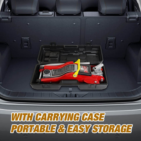 Floor Jack 2.5 Ton Hydraulic Low Profile Trolley Car Jack With Portable Storage Case in vehicle trunk