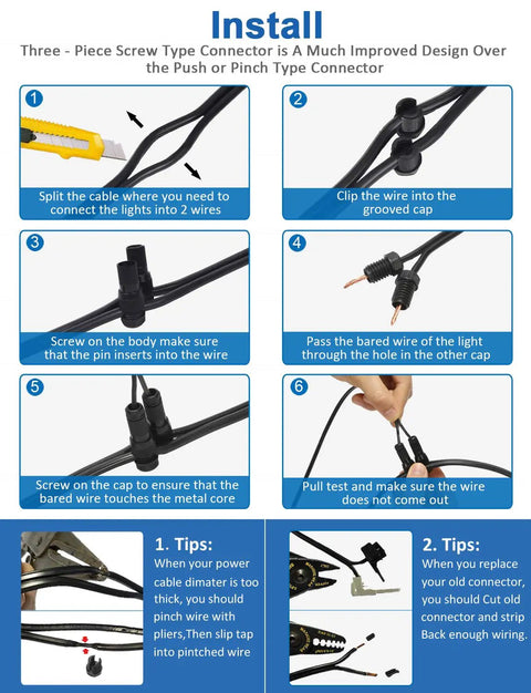 Installation guide for Low Voltage Fastlock Wire Connectors for 12 to 14 gauge cables in landscape lighting setup.
