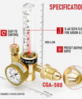 Argon Regulator Flowmeter Gas Gauge for MIG TIG Welds, brass body, CGA-580 inlet, easy tank hookup, includes control dial and gauge.