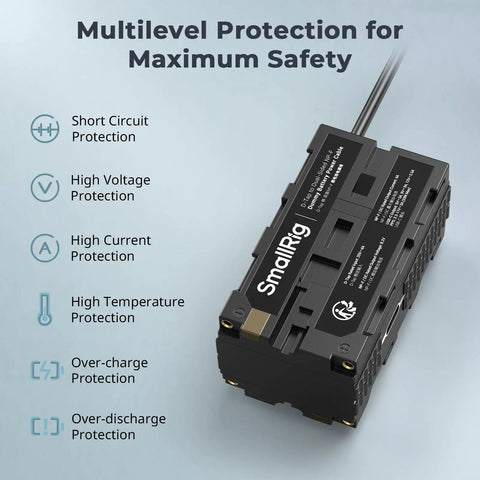 D Tap To Dual Sided NP-F Dummy Battery with USB-C Port and DC Output LED Display showcasing multilevel protection features.