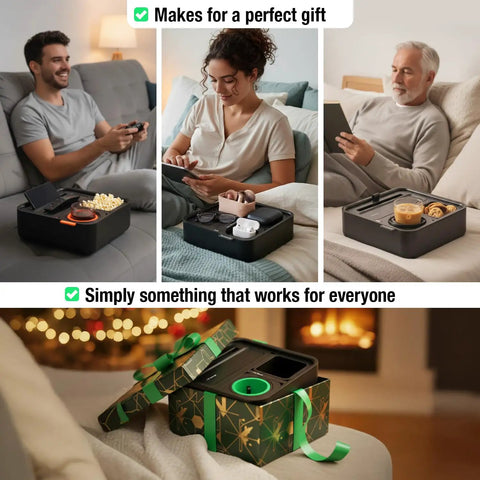 Ultimate Sofa Tray Caddy With Armrest Table, Phone Holder, Remote Organizer And Snack Storage, Black And Green in use on couch.