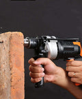 Badass Heavy Duty Cordless Percussion Drill Featuring Lightning Fast Variable Speed Trigger And Rigid Metal Chuck drilling into brick