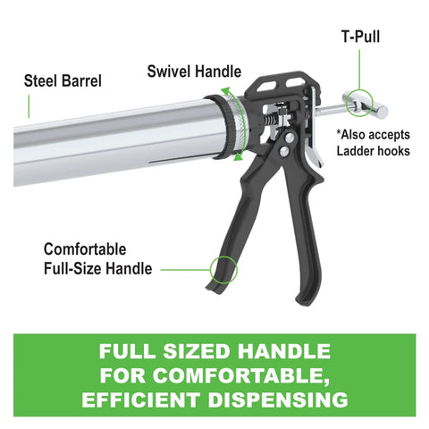 30 Oz Bulk Caulking Gun With 12 To 1 Drive, steel barrel, swivel handle, full-size handle, and T-pull, detailed view