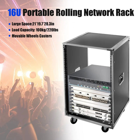 Rock Solid 16U Portable Rolling Network Rack Studio Server Cabinet With Built Handles Smooth Swivel Casters Fire Resistant PVC Surface Tough As Nails For It Av Gear Computer Setup