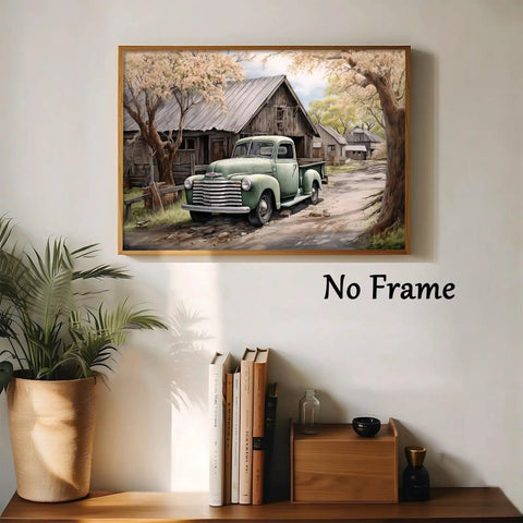 Vintage Green Pickup Truck Canvas Wall Art 16x24 Inch Unframed Rustic Farmhouse Barn Country Landscape Print For Living Room Decor