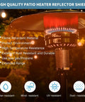 Patio Heater Reflector Shield 33 Inch Diameter Top Dome Replacement Part For Propane Outdoor Heaters Universal 3 Hole Mount Fits Tall Umbrella And Mushroom Styles Pro Grade Easy Tool Free Assembly on outdoor heater with flame, durability features displayed