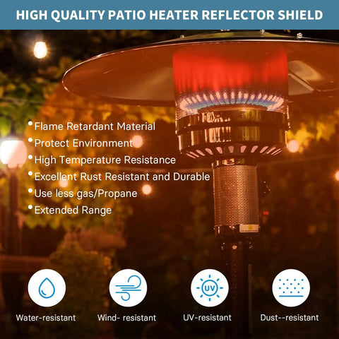 Patio Heater Reflector Shield 33 Inch Diameter Top Dome Replacement Part For Propane Outdoor Heaters Universal 3 Hole Mount Fits Tall Umbrella And Mushroom Styles Pro Grade Easy Tool Free Assembly on outdoor heater with flame, durability features displayed