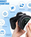 Lens cleaning wipes being used on a Canon camera lens; hand holding a white wipe