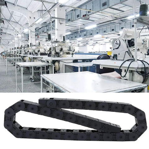Nylon Cable Drag Chain For 3D Printers And CNC Machines 18x25mm, black, shown in industrial setting, flexible cable protection.