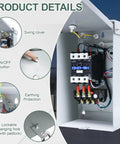 3-phase magnetic motor starter in a gray metal enclosure, front view with swing cover and on/off button.