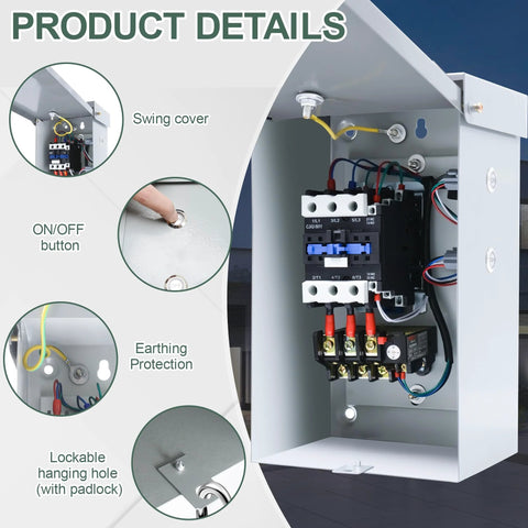 3-phase magnetic motor starter in a gray metal enclosure, front view with swing cover and on/off button.