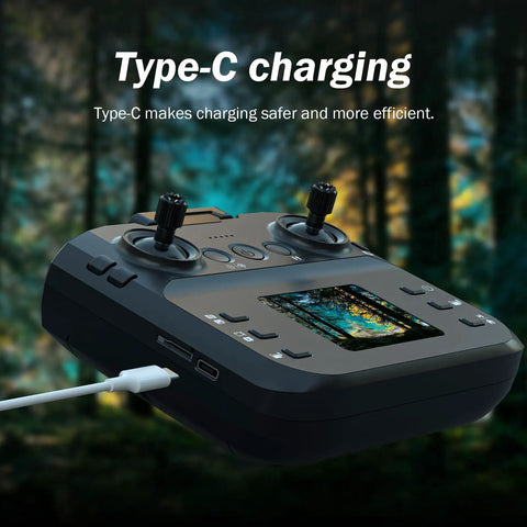 1080P Camera Drone With Built In Screen For Beginners remote control showing Type-C charging in a forest setting