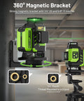 Self Leveling 360 Green Laser Level Kit with Magnetic Bracket shown on metal surface, highlighting 360-degree rotation feature.