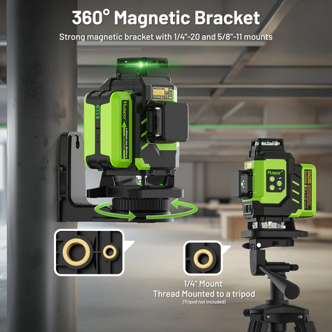 Self Leveling 360 Green Laser Level Kit with Magnetic Bracket shown on metal surface, highlighting 360-degree rotation feature.